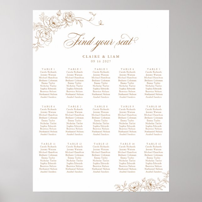 Elegant Scrip 15 Table Rose Wedding Seating Chart (Front)