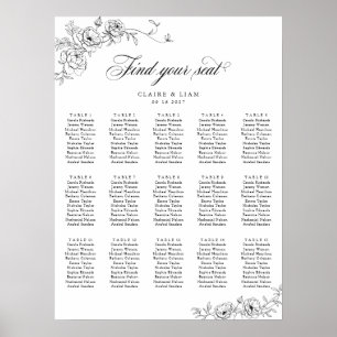 Elegant Scrip 15 Table Roses Wedding Seating Chart