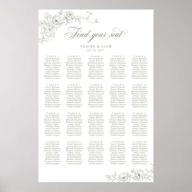 Elegant Scrip 20 Table Rose Wedding Seating Chart (Front)