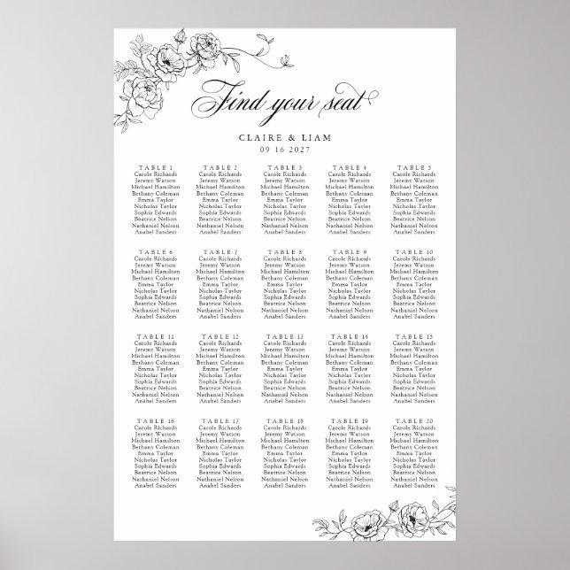 Elegant Scrip 20 Table Roses Wedding Seating Chart (Front)
