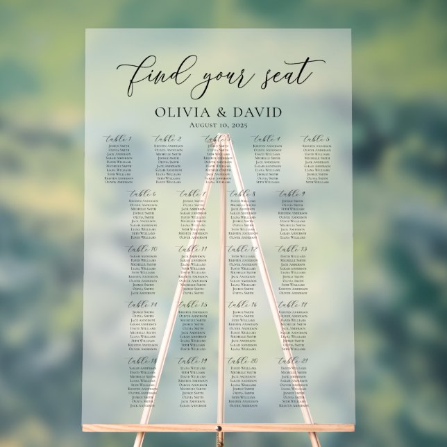 Elegant Script 21 table Seating Chart Acrylic Sign (Neutral)