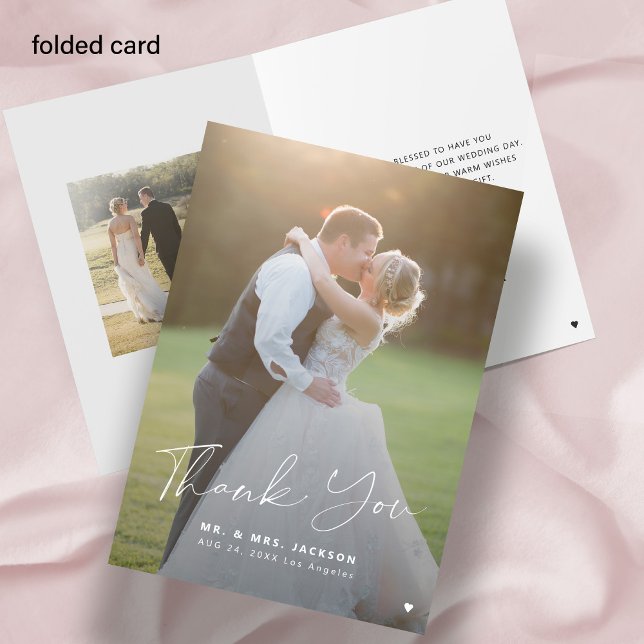 Elegant script 2 photo folded wedding thank you card (Creator Uploaded)