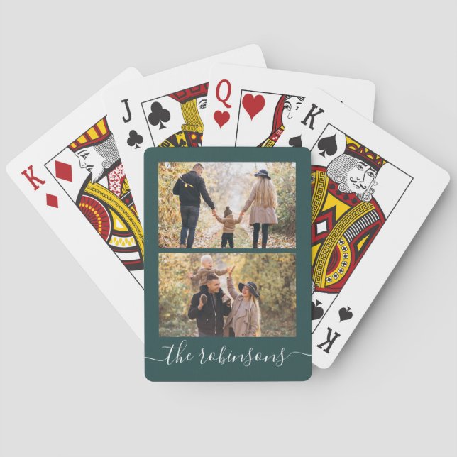 Elegant Script 2 Photo Green Collage  Playing Cards (Back)