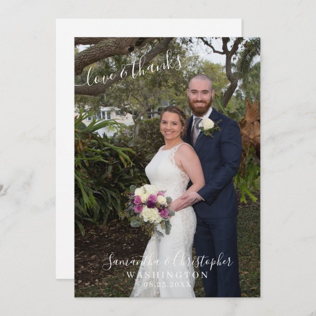 Élégant Script 2 Photo Love et Merci Mariage (Devant / Derrière)