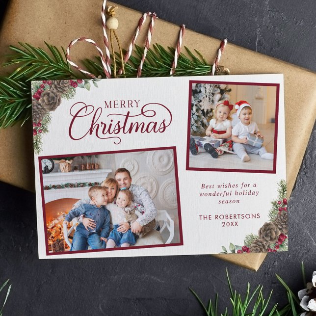 Elegant Script 2 Photo Pine Cones Merry Christmas  Holiday Card (Creator Uploaded)