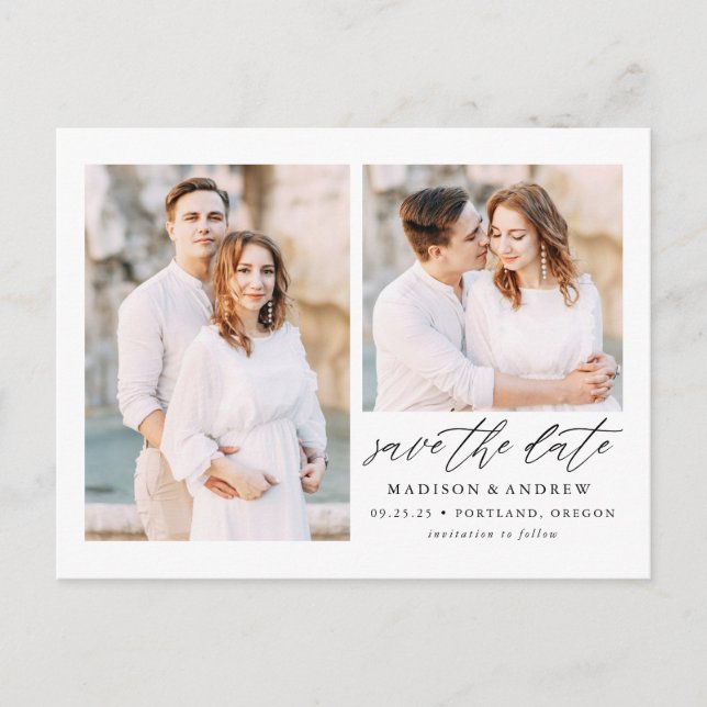 Elegant Script 2 Photo Save the Date Announcement Postcard (Front)
