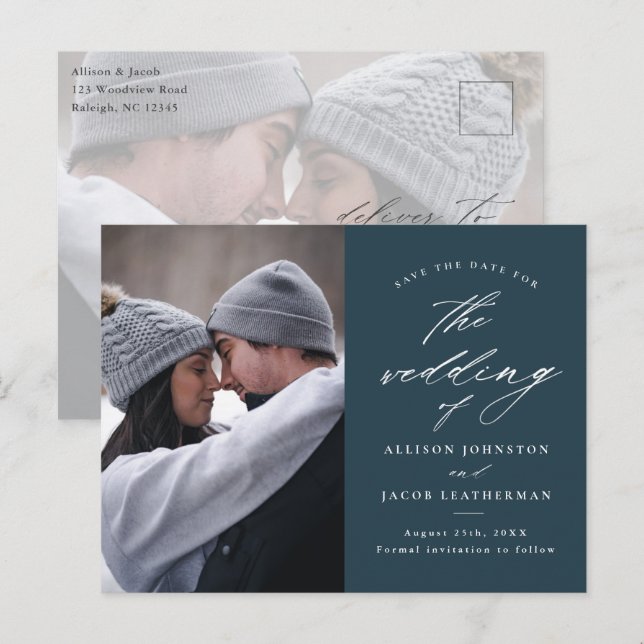 Elegant Script 2 Photo Wedding Save the Date Announcement Postcard (Front/Back)