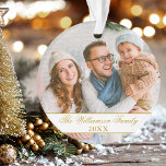 Elegant Script 2 Sided Photo Christmas Gold Ornament<br><div class="desc">Elegant Stylish Family Photo Gold and White Ornament - 2 Photos,  Front and Back. Gold Script.</div>