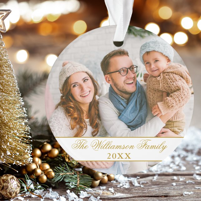 Elegant Script 2 Sided Photo Christmas Gold Ornament (Customize with your name, year and photos.)