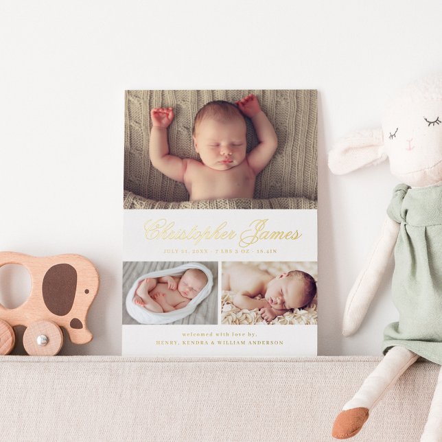 Elegant Script 3 Photo Collage Birth Announcement (Creator Uploaded)