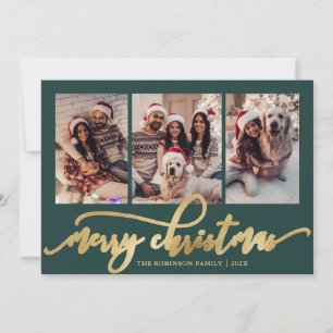 Elegant Script 3 Photo Collage Green Christmas Holiday Card
