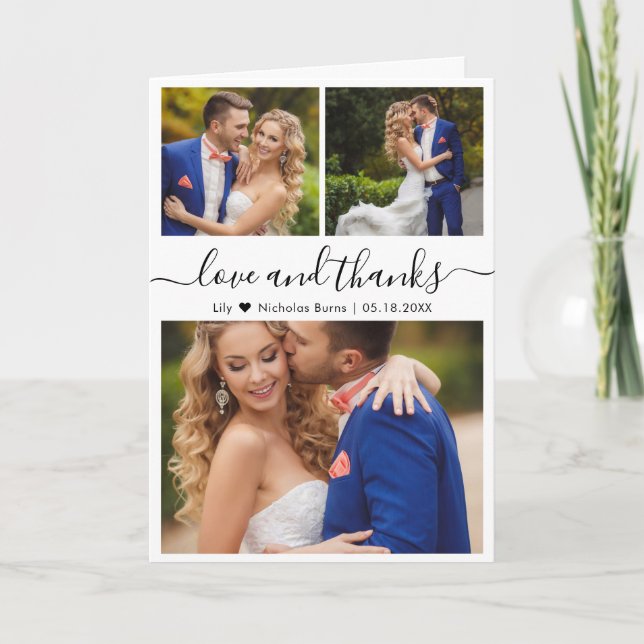 Elegant Script 3 Photo Collage Heart Wedding  Thank You Card (Front)