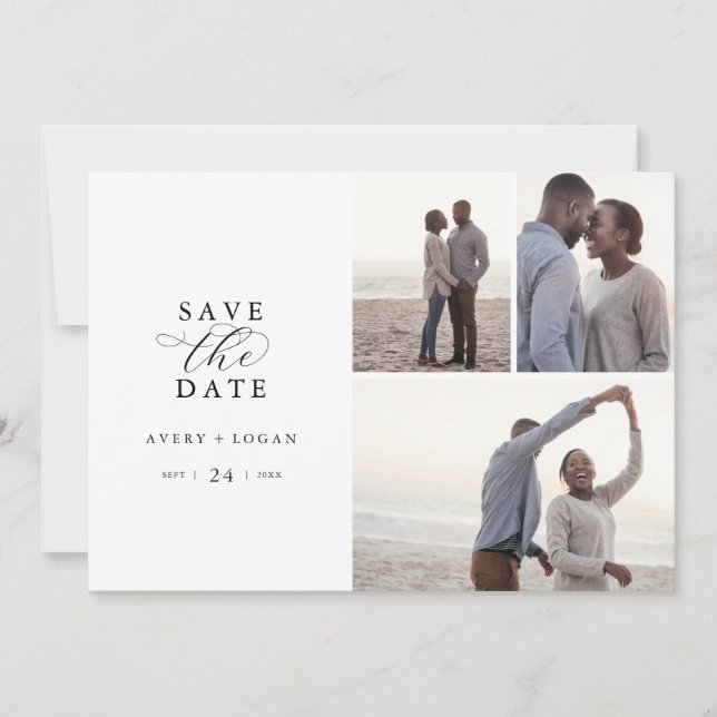 Elegant Script 3 Photo Collage Save The Date (Front)