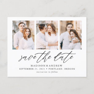 Elegant Script 3 Photo Collage Save the Date Announcement Postcard