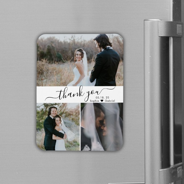 Elegant Script 3 Photo Collage Wedding Thank You Magnet (Creator Uploaded)