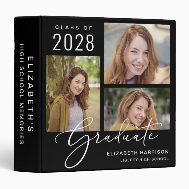 Elegant Script 3 Photo Graduation Black Binder (Front/Spine)