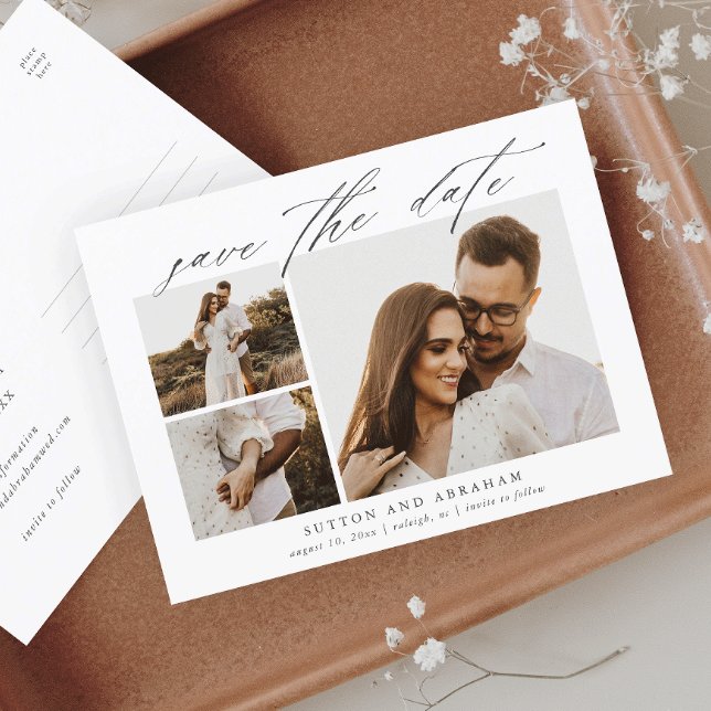 Elegant Script 3 Photo Wedding Save the Date Announcement Postcard (Creator Uploaded)