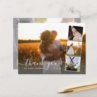 Elegant Script 4 Photo Collage Wedding Thank You Postcard