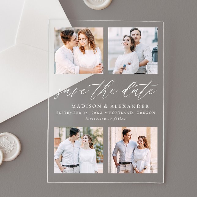 Elegant Script 4 Photo Wedding Save the Date Acrylic Invitations (Creator Uploaded)