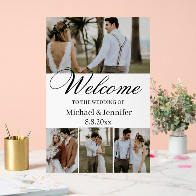 elegant script 4 photos stylish wedding welcome  acrylic sign (Wedding)