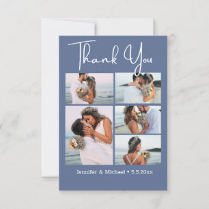 elegant script 5 photos collage blue nova wedding thank you card
