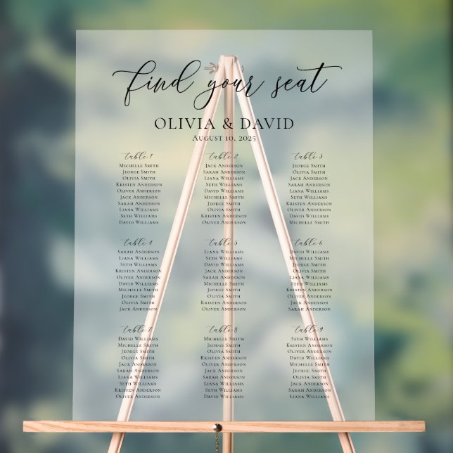 Elegant Script 9 table Seating Chart Acrylic Sign (Neutral)