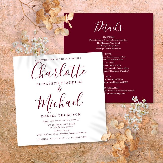 Elegant Script All In One Burgundy Wedding Invitation (Elegant Script All In One Burgundy Wedding Invitation)