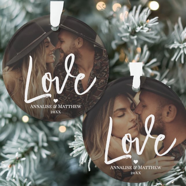 Élégant Script Amour Cœur Deux Photo (Elegant Script Love Heart Two Photo Ornament )