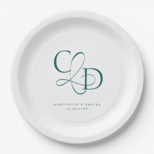 Elegant Script Ampersand White Green Wedding Paper Plate