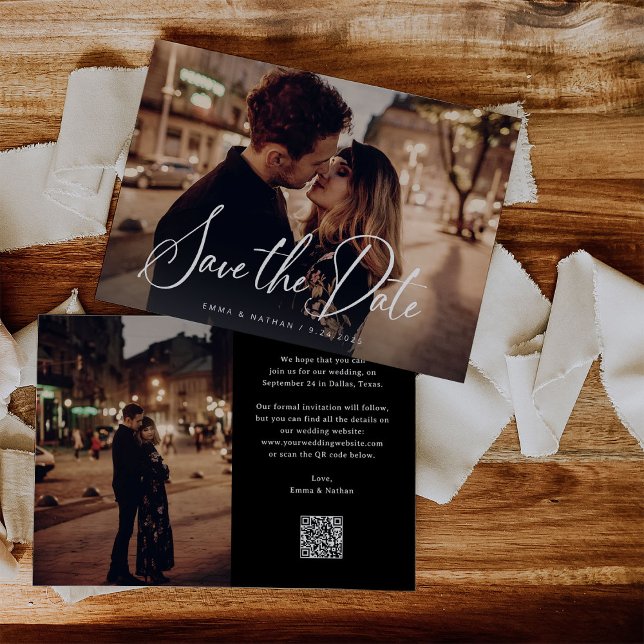 Elegant Script and Black | Two Photo and QR Code Save The Date (An elegant, dark black save the date card with two photos and a scannable QR code)