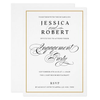 Elegant Script and Gold Border Engagement Party Card