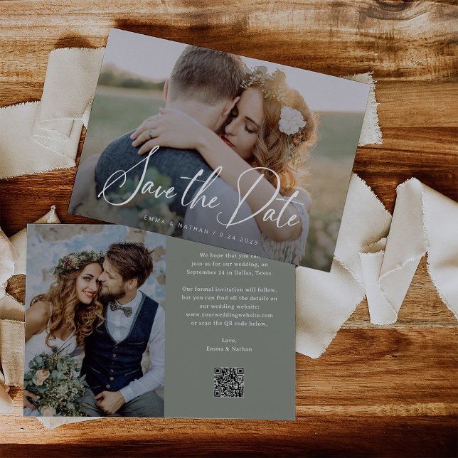 Elegant Script and Sage Green | Photo and QR Code Save The Date (Creator Uploaded)