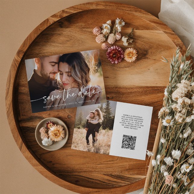 Elegant Script and Two Photos | QR Code Save The Date (A simple and elegant save the date card, with two photos and a scannable QR code)