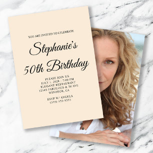 Elegant Script Antique White Photo 50th Birthday Invitation