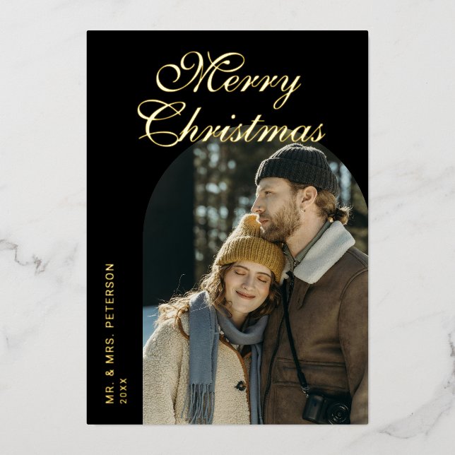 Elegant Script Arch Newlyweds Photo Black Gold Foil Holiday Card (Front)