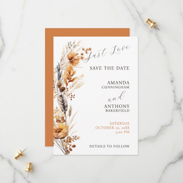 Elegant Script Autumn Fall Flowers Wedding  Save The Date (Front/Back In Situ)