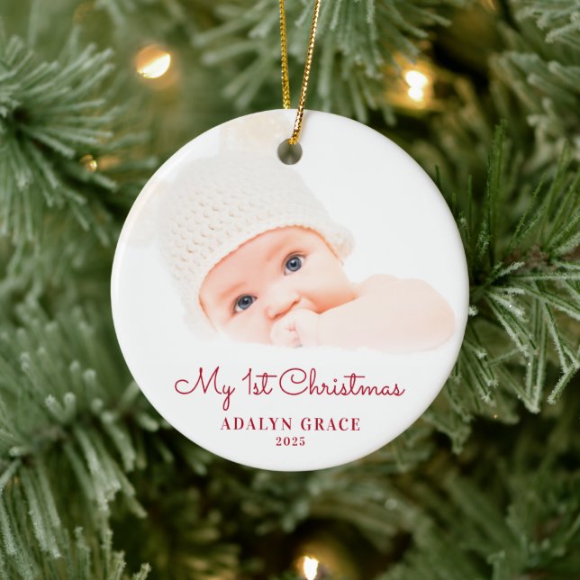 Elegant Script Baby's First Christmas Photo Ceramic Ornament (Tree)