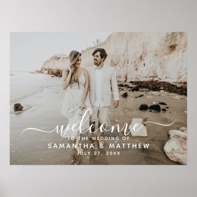 Elegant Script Beach Themed Wedding Welcome Sign (Front)