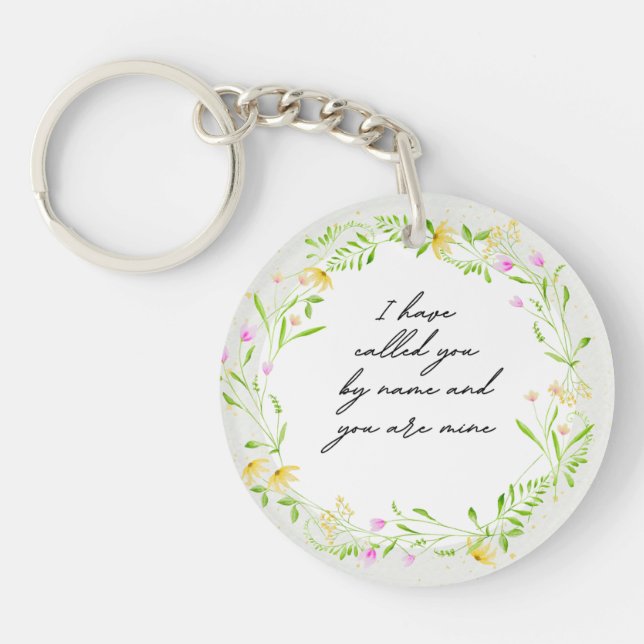 Elegant Script Bible Verse Botanical Wildflower Keychain (Front)