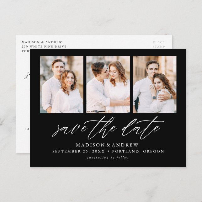 Elegant Script Black 3 Photo Collage Save the Date Announcement Postcard (Front/Back)