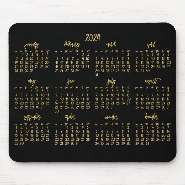 Elegant Script Black And Faux Gold Calendar 2024 Mouse Pad (Front)