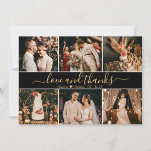 Elegant Script Black and Gold 6 Photo Collage Thank You Card