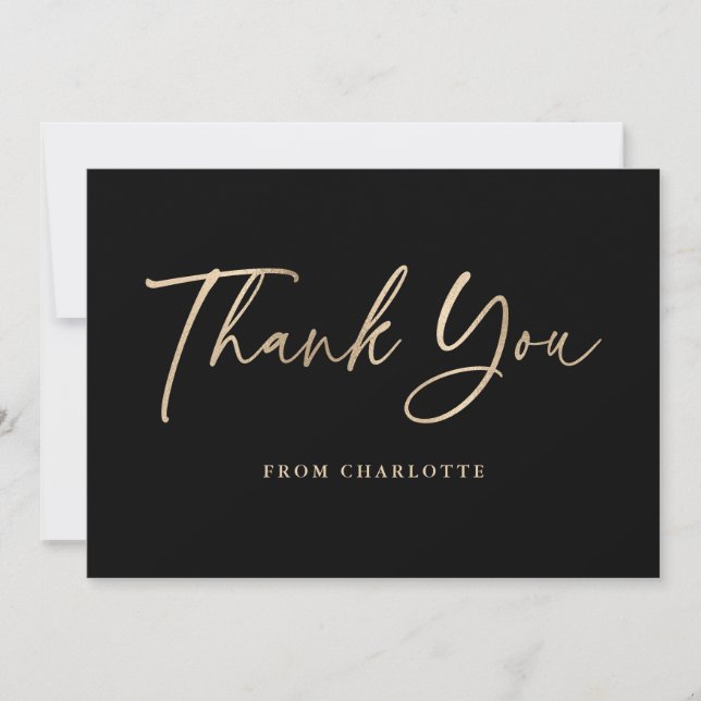 Elegant Script Black and Gold Modern Thank You Card (Front)