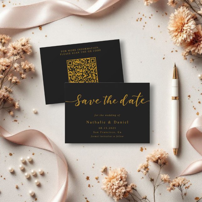 Elegant Script Black And Gold QR Code Wedding Save The Date (Creator Uploaded)