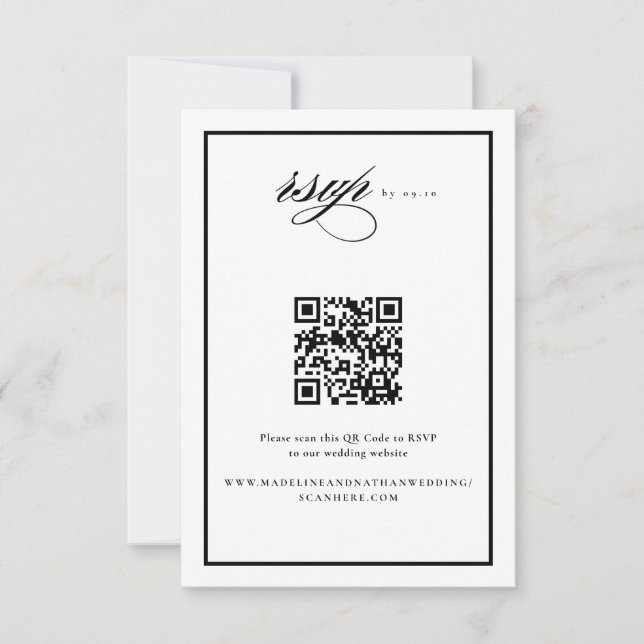 Elegant Script Black and Wedding QR Code RSVP Card (Front)