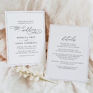 Elegant Script Black and White All In One Wedding Invitation