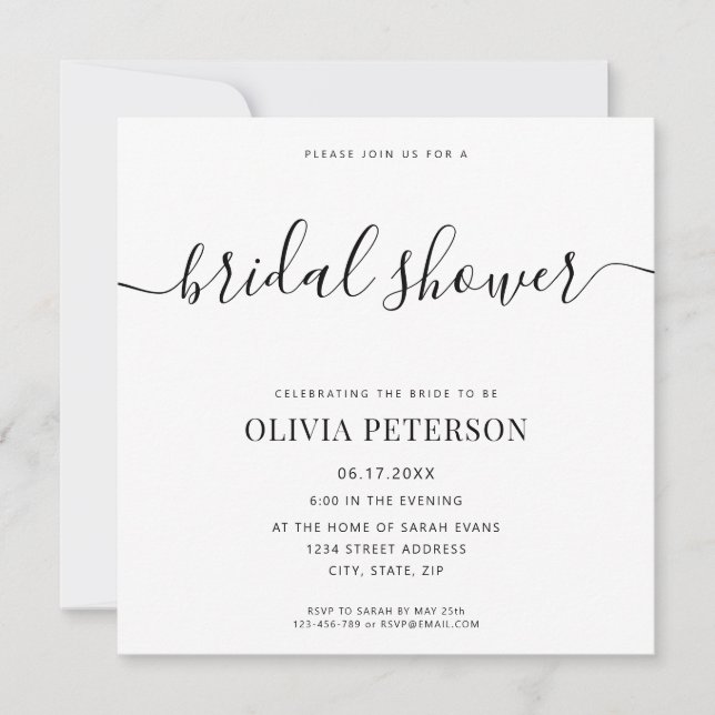 Elegant Script Black and White Bridal Shower Invit Invitation (Front)