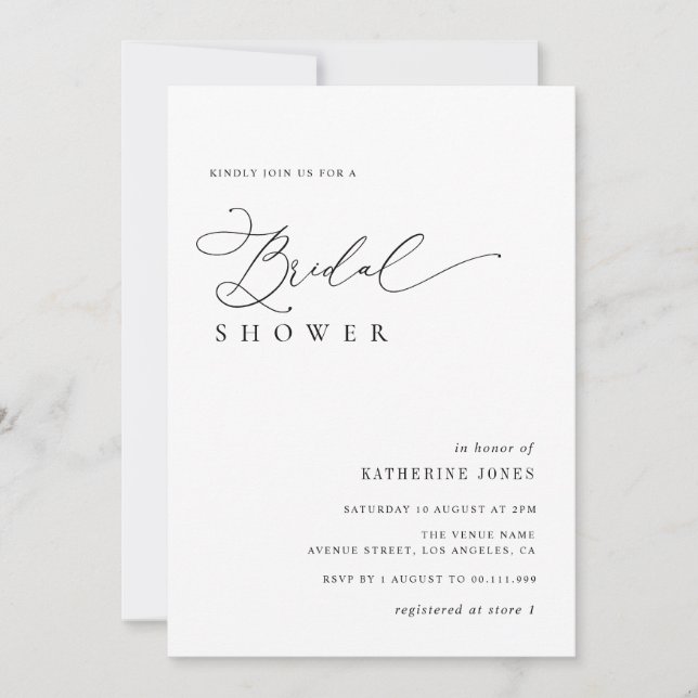 elegant script black and white bridal shower invitation (Front)
