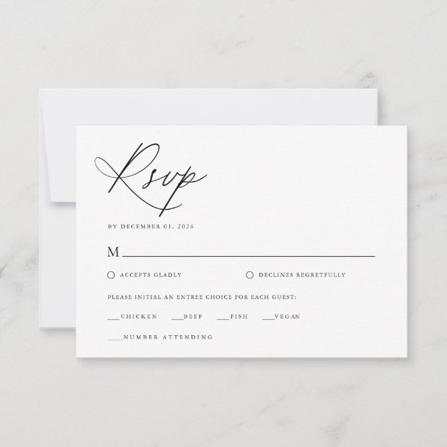 Elegant Script Black and White Classic Wedding RSVP Card (Front)
