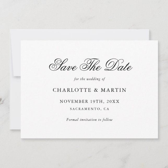 Elegant Script Black and White Minimalist Wedding Save The Date (Front)